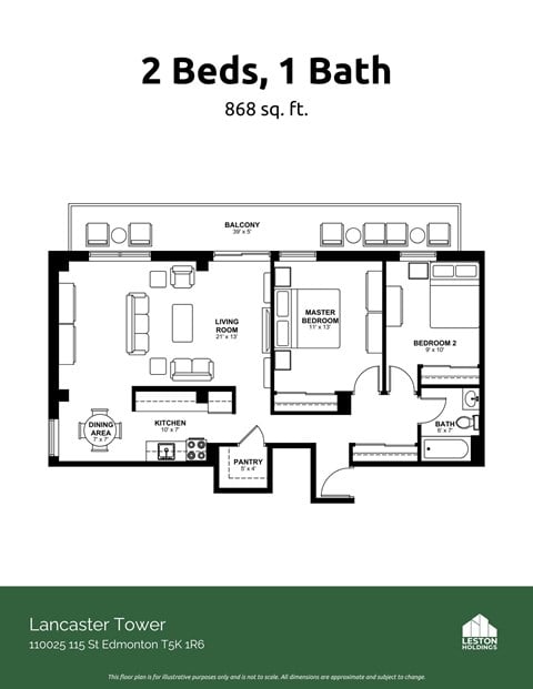 Floor plan for 2 beds, 1 bath, 875 sqft